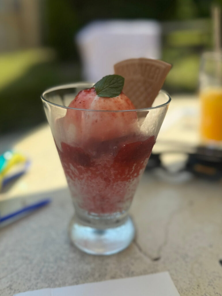 ミラコスタのプール"テルメ・ヴェネツィア"のカフェ"ヒッポカンピ”のかき氷(イチゴ味)の写真。