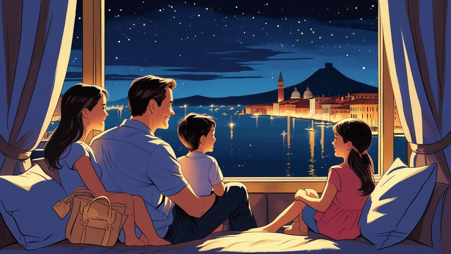 ホテルの一室から4人家族が窓越しに夜景を見ているイラスト。