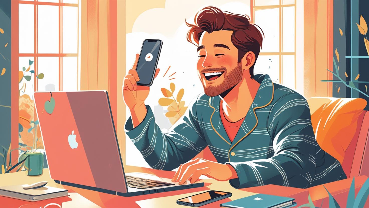 男性がパソコンでのホテル予約に成功し喜んでいるイラスト