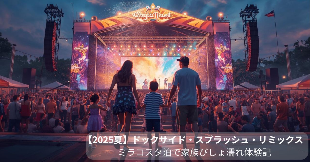 家族で東京ディズニーシーのびしょ濡れイベント「ドックサイド・スプラッシュ・リミックス」を楽しむ様子をイメージしたアイキャッチ画像